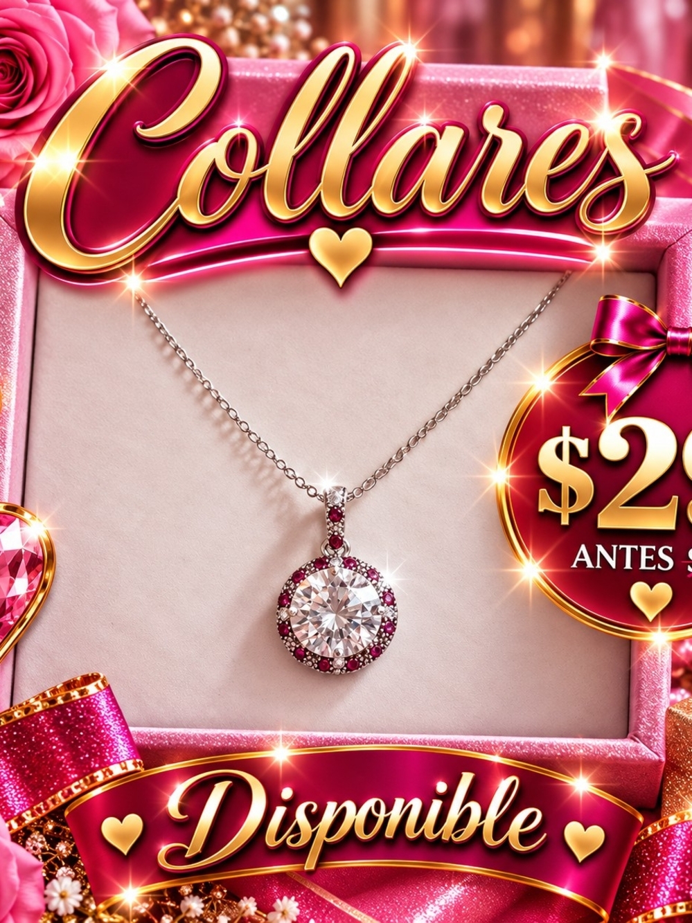 Pink and Silver Round Crystal Pendant Necklace -  Elegant Women Jewelry